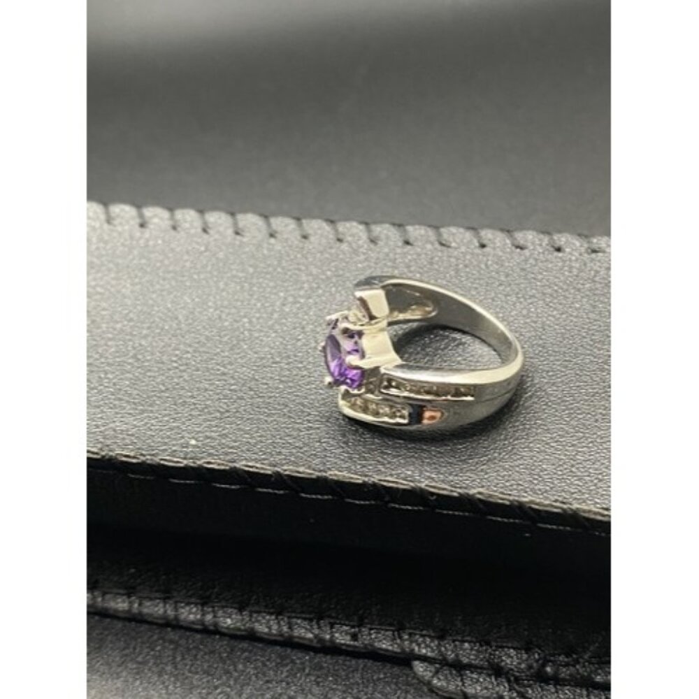 Amethyst Silver Tone Bypass Ring 2 Rows of CZ's Chunky 6.9 grams Size 6 - Picture 6 of 7